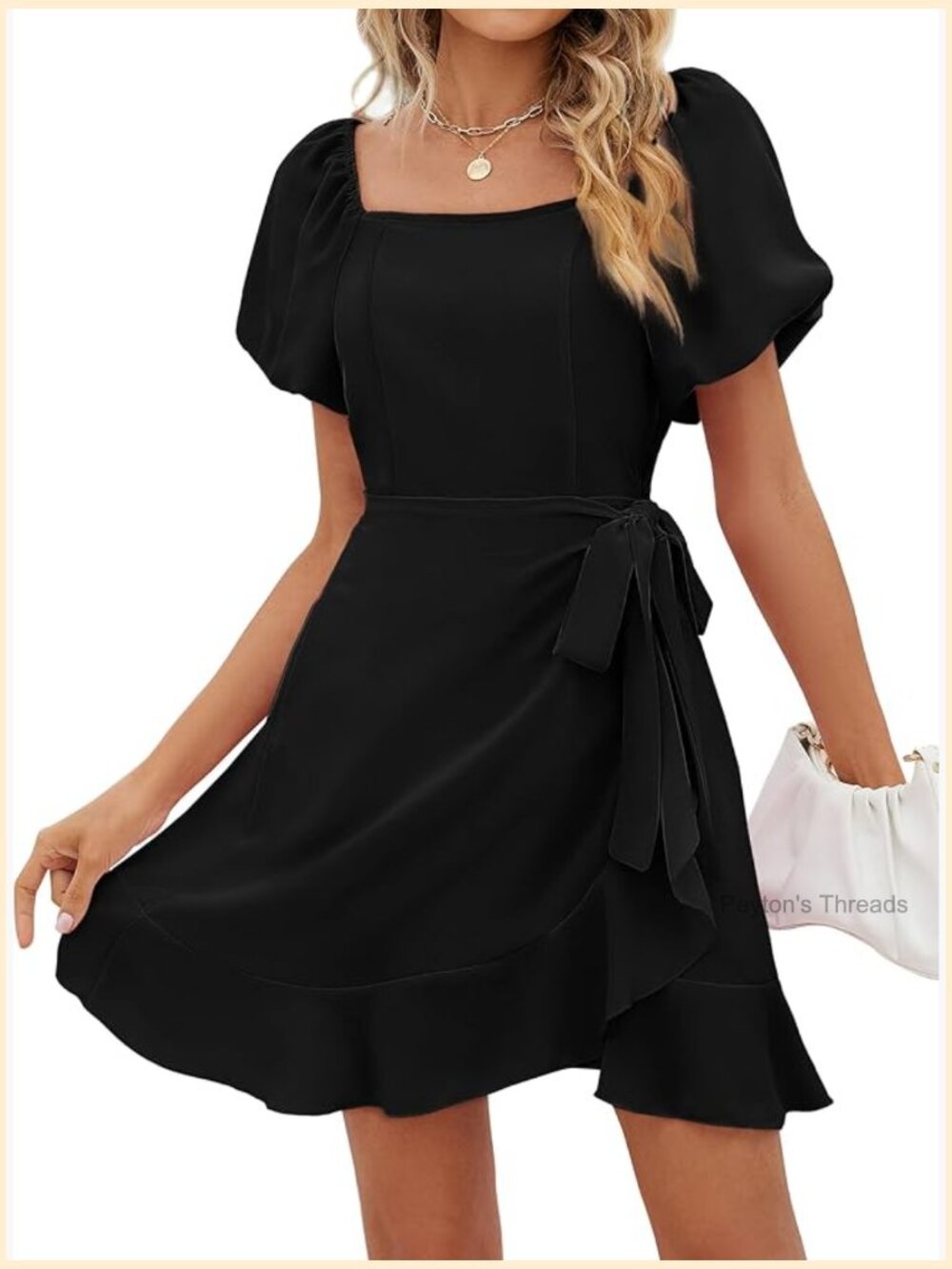 Square Neck Puff Sleeve Tie Waist Mini Dress Casual Summer